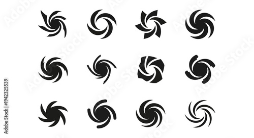 Black swirl icons, spiral symbols, 12 piece set, vector graphics, modern design elements