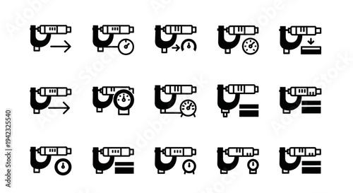 Drill icons, power tool symbols, black and white vector graphics, 16 drill bit illustrations, DIY and construction signs