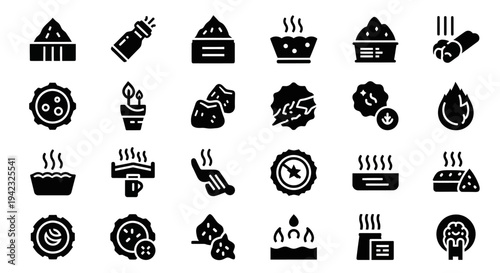 Black fire icons, flame symbols, burning signs, heat logos, 25 vector graphics