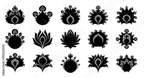 Black floral icons, ornate designs, decorative elements, 15 symbol set, vector graphics