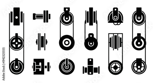 Black gym icons, fitness symbols, workout graphics, exercise signs, 16 weights and dumbbells vector set