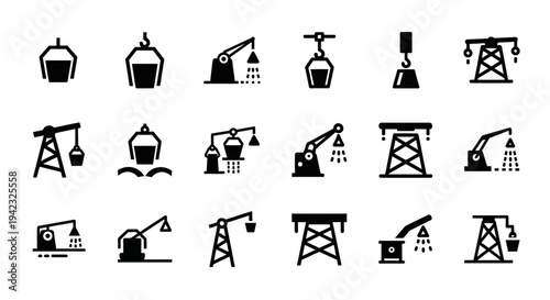 Oil rig, drilling, industrial, icons, 20 black silhouette symbols, petroleum, extraction, energy, vector