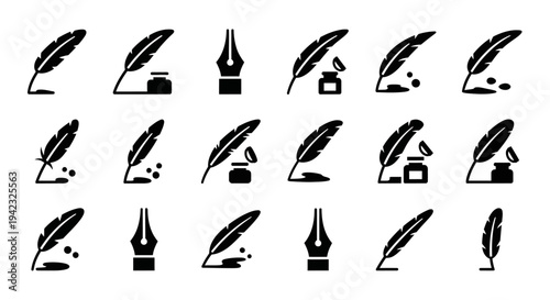 Quill pen, inkwell, writing, icon set, 20 black and white vector graphics, illustration elements