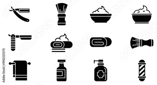 Black and white shaving icons set, 12pcs, vector graphics, razor, shaving cream, toiletries