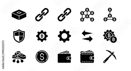 Cryptocurrency, blockchain, and finance icons, 13 black vector graphics, symbols for business, security, and mining