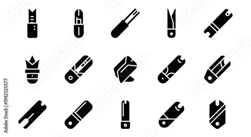 Black silhouette toolbox icons, 16 tool symbols, vector graphics, industrial equipment illustrations, DIY toolset