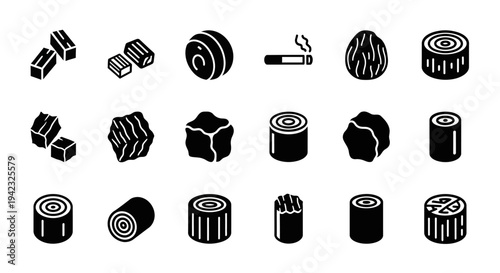 Black and white vector icons of diverse wood forms logs, cut timber, processed lumber, and natural plant materials, perfect for resource and industrial design