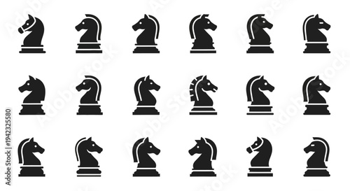 A comprehensive set of vector chess knight icons, featuring numerous distinct designs ideal for enhancing strategic board games, mobile applications, and web interfaces