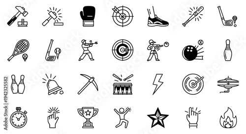 A comprehensive vector icon set featuring line art illustrations of sports equipment, recreational activities, achievement symbols, and essential tools for diverse digital design projects