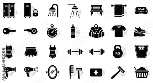 Versatile collection of monochrome vector icons representing gym equipment, personal hygiene, and daily essentials for an active and healthy lifestyle