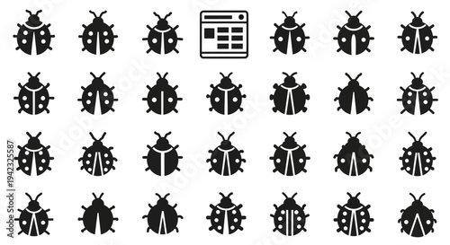 Arrangement of stylized ladybug silhouette icons surrounding a central document grid symbol, conceptually representing system analysis, quality assurance, and the methodical tracking of anomalies