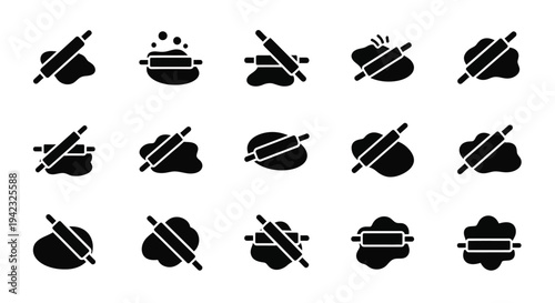 Collection of stylized black vector icons depicting the essential process of rolling dough, perfect for baking, cooking, and food preparation design projects