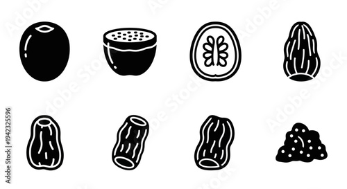 Diverse collection of minimalist black and white vector icons representing various dried fruits and healthy snack options, ideal for nutrition-focused content, food blogs, and digital recipe