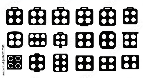 Collection of diverse graphic icons featuring various arrangements of white circles within black geometric shapes, illustrating concepts of control, selection, and modular design elements