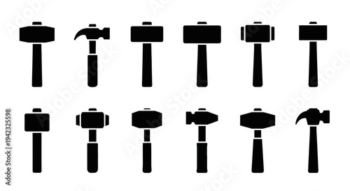 Diverse black silhouette hammer icons collection, featuring various striking tools for construction, carpentry, and home improvement, isolated on clean white