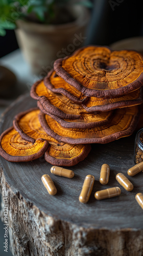 Colorful slices of dried reishi mushrooms arranged artfully with capsules, highlighting their health properties. medicinal chaga wood mushroom and its capsule supplement.