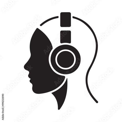 A minimalist silhouette of a woman s face profile wearing over ear headphones focusing on audio experience