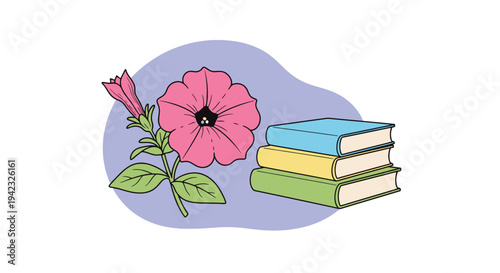 Illustration of a Pink Petunia Flower and Stack of Books.