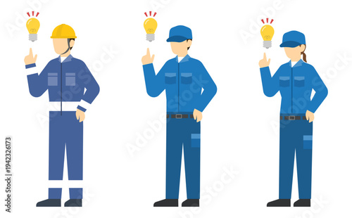 フラットイラスト：アイデアを思いつく作業員セット