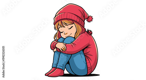 Illustration of a young girl in winter clothes hugging her knees.