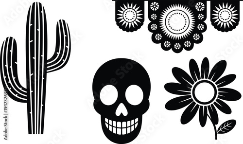 Mexican Fiesta Celebration Set with Saguaro Cactus Sugar Skull Flower and Ornate Bunting Garland Retro Black and White Vector Illustration (Exactly 20 words)