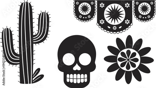Mexican Fiesta Decoration Set with Cactus Sugar Skull Flower and Bunting Garland Retro Black and White Vector Illustration for Events (Exactly 20 words)