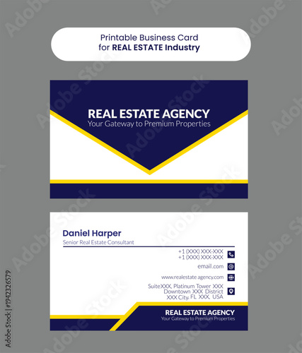 Modern Business Card Template for Real Estate Company, Dark Blue, White and yellow