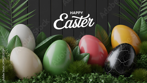 Colorful easter eggs on green grass with palm leaves and happy easter text on dark wood background