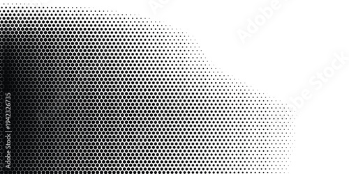 Fading hexagon gradient texture. Vanishing honeycomb pattern background. Geometric hexagonal halftone tech overlay backdrop. Black grunge halfton wallpaper. Vector retro dot texure wallpaper