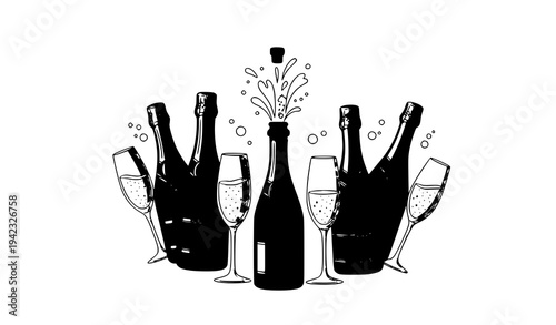 Champagne bottle and flute celebration vector set sparkling wine illustration isolated on white