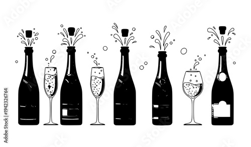 Champagne celebration vector illustration with wine bottles and sparkling glasses isolated on white