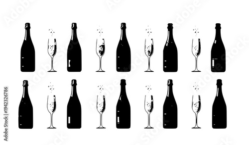 Champagne bottle and glass vector collection sparkling wine celebration isolated on white