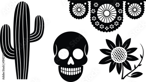 Mexican Fiesta Decoration Set with Saguaro Cactus Sugar Skull Sunflower and Ornate Bunting Garland Retro Black and White Vector Illustration (Exactly 20 words)