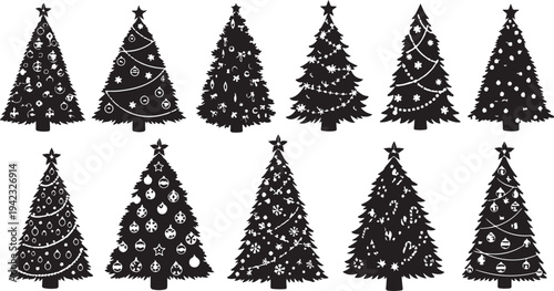 Black and white Christmas trees with various ornaments displayed
