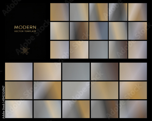 Steel and gold-toned gradients sweep across tiles in a refined grid on black, creating a sleek metallic backdrop ideal for corporate branding, technology, or luxury product presentations.