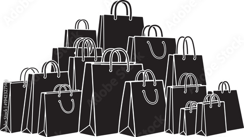 Collection of black shopping bags in various sizes stacked