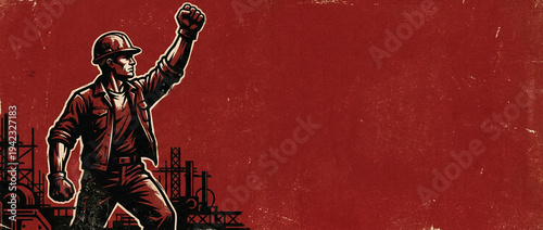 Labor Day Themed Illustration with Worker in Hard Hat Raising Fist