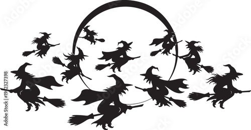 Witches Flying on Brooms in a Circular Motion Silhouette