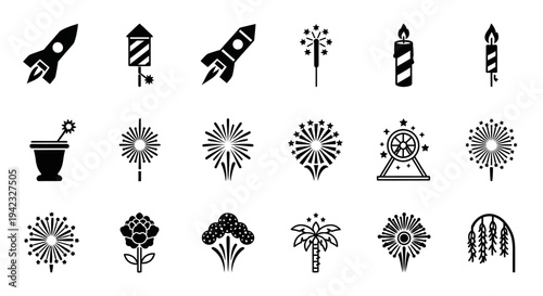 A comprehensive collection of diverse black and white flat icons representing various types of fireworks, celebratory rockets, sparklers, and festive explosions, ideal for event promotions