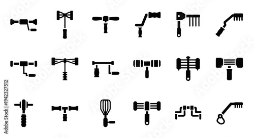 Versatile collection of abstract graphic icons, featuring diverse silhouette elements, architectural forms, and decorative shapes for modern design and digital projects