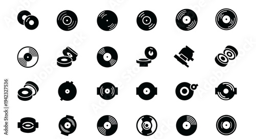 A comprehensive set of stylized monochrome icons depicting various forms of audio media for music playback and sound storage, perfect for digital design resources and retro-themed projects