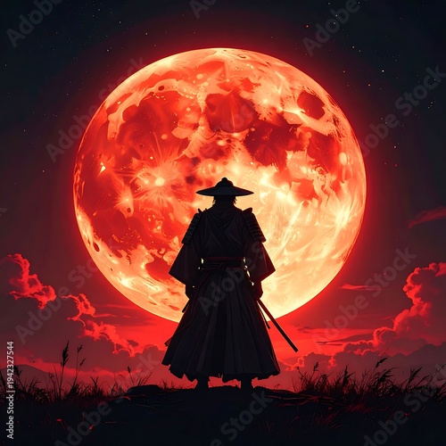 A dark figure in a robe stands before a large red moon
