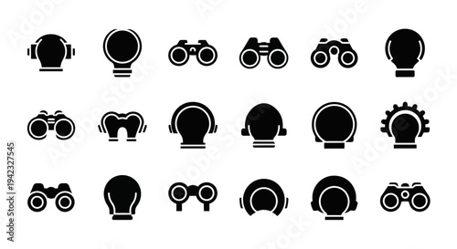 Comprehensive collection of optical observation tools and viewing devices presented as sleek black silhouette icons, perfect for technology and exploration themes