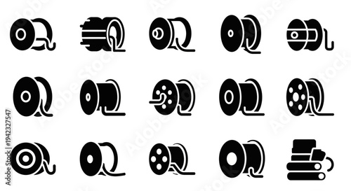 Vector icon set of diverse reels and spools cable, wire, film, thread, and hose types. Ideal for modern industrial, media, and technology graphic design projects