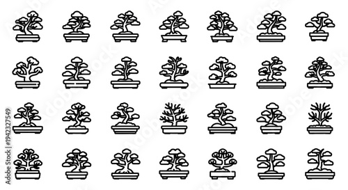 A comprehensive collection of elegant miniature bonsai tree icons, illustrating various styles of traditional Japanese and Asian potted plants for decorative and design purposes