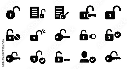 Modern digital security and access control icon set, featuring various states of unlocked padlocks, keys, and user authentication symbols for system protection and privacy