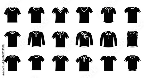 Black silhouette icons illustrating various men's and women's shirt styles including t-shirts, polo shirts, V-necks, long sleeves, and tank tops