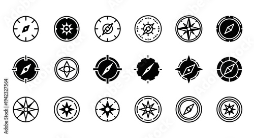A comprehensive set of unique compass icons in various styles, representing navigation, direction, travel, and adventure, ideal for digital design and web applications