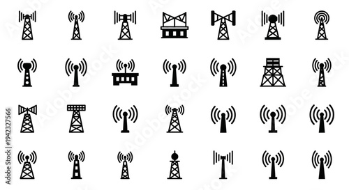 A versatile set of modern communication tower icons, illustrating signal transmission, wireless connectivity, and broadcast infrastructure for digital network and technology applications