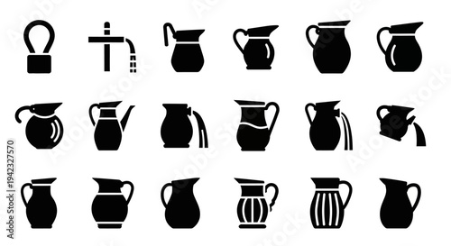 Collection of black silhouette pitcher and jug vector icons, diverse designs for pouring liquids, ideal for beverage, kitchen, and household graphic projects